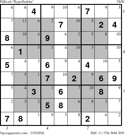 The grouppuzzles.com Difficult HyperSudoku puzzle for Friday March 20, 2026 with all 11 steps marked
