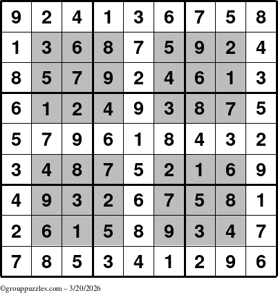 The grouppuzzles.com Answer grid for the HyperSudoku puzzle for Friday March 20, 2026
