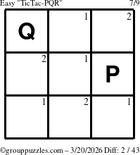 The grouppuzzles.com Easy TicTac-PQR puzzle for Friday March 20, 2026 with the first 2 steps marked