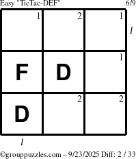 The grouppuzzles.com Easy TicTac-DEF puzzle for Tuesday September 23, 2025 with all 2 steps marked