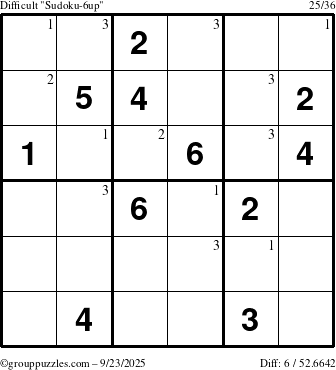 The grouppuzzles.com Difficult Sudoku-6up puzzle for Tuesday September 23, 2025 with the first 3 steps marked