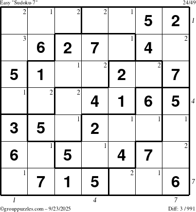The grouppuzzles.com Easy Sudoku-7 puzzle for Tuesday September 23, 2025, suitable for printing, with all 3 steps marked
