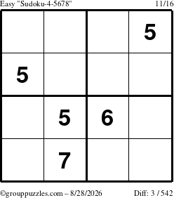 The grouppuzzles.com Easy Sudoku-4-5678 puzzle for Friday August 28, 2026