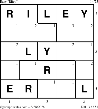 The grouppuzzles.com Easy Riley puzzle for Friday August 28, 2026, suitable for printing, with all 3 steps marked
