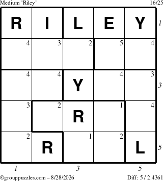 The grouppuzzles.com Medium Riley puzzle for Friday August 28, 2026 with all 5 steps marked