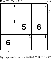 The grouppuzzles.com Easy TicTac-456 puzzle for Friday August 28, 2026, suitable for printing, with all 2 steps marked
