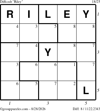 The grouppuzzles.com Difficult Riley puzzle for Friday August 28, 2026, suitable for printing, with all 8 steps marked