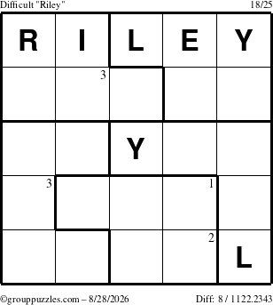 The grouppuzzles.com Difficult Riley puzzle for Friday August 28, 2026 with the first 3 steps marked