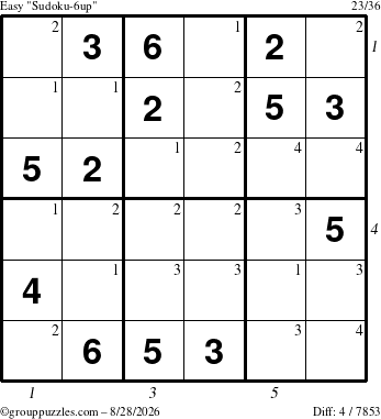 The grouppuzzles.com Easy Sudoku-6up puzzle for Friday August 28, 2026 with all 4 steps marked
