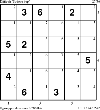 The grouppuzzles.com Difficult Sudoku-6up puzzle for Friday August 28, 2026 with all 7 steps marked