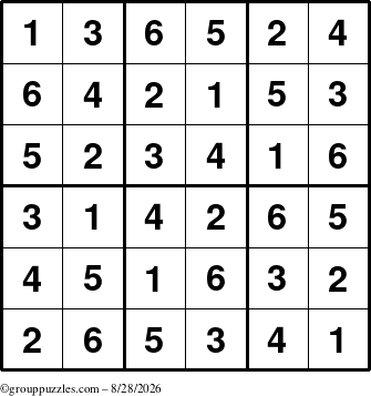 The grouppuzzles.com Answer grid for the Sudoku-6up puzzle for Friday August 28, 2026