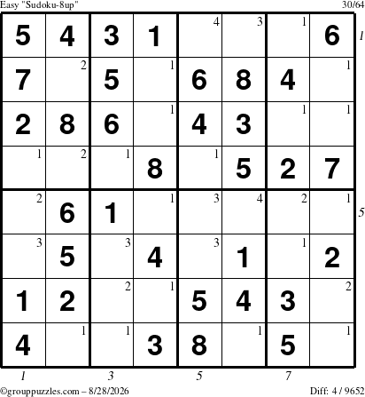 The grouppuzzles.com Easy Sudoku-8up puzzle for Friday August 28, 2026 with all 4 steps marked