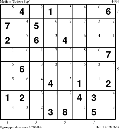 The grouppuzzles.com Medium Sudoku-8up puzzle for Friday August 28, 2026, suitable for printing, with all 7 steps marked
