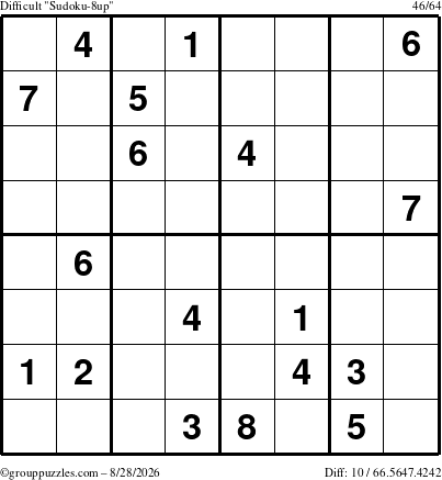 The grouppuzzles.com Difficult Sudoku-8up puzzle for Friday August 28, 2026