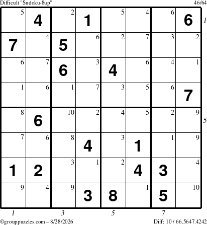 The grouppuzzles.com Difficult Sudoku-8up puzzle for Friday August 28, 2026, suitable for printing, with all 10 steps marked