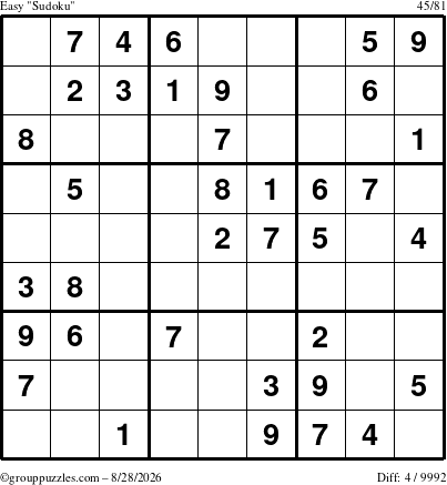 The grouppuzzles.com Easy Sudoku puzzle for Friday August 28, 2026