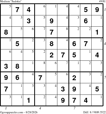 The grouppuzzles.com Medium Sudoku puzzle for Friday August 28, 2026 with all 8 steps marked
