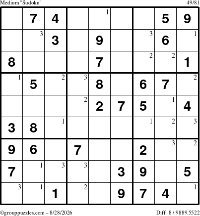 The grouppuzzles.com Medium Sudoku puzzle for Friday August 28, 2026 with the first 3 steps marked