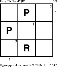 The grouppuzzles.com Easy TicTac-PQR puzzle for Friday August 28, 2026 with all 2 steps marked
