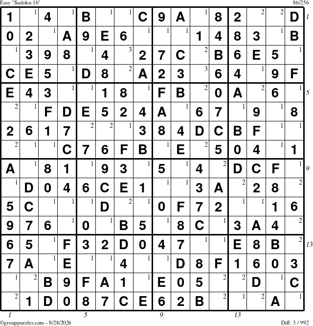 The grouppuzzles.com Easy Sudoku-16 puzzle for Friday August 28, 2026, suitable for printing, with all 3 steps marked