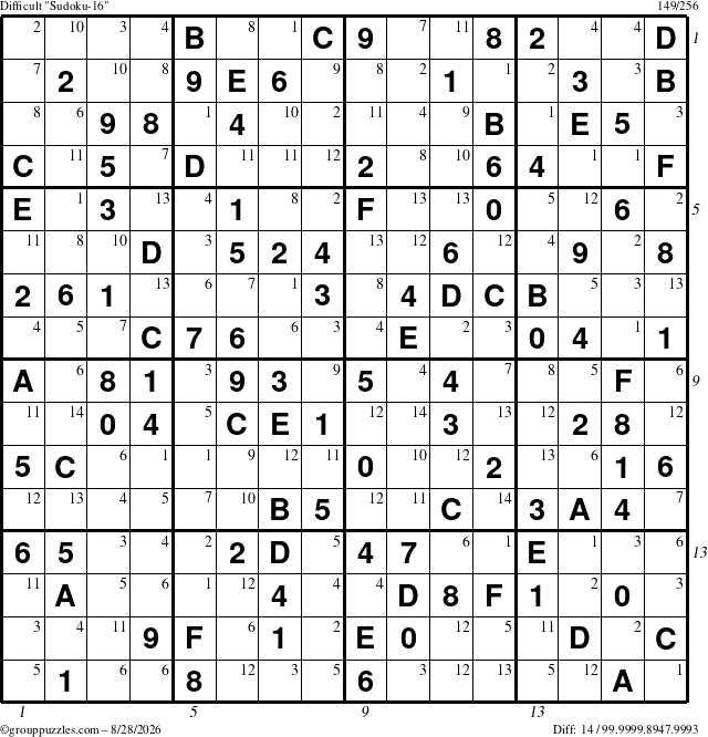 The grouppuzzles.com Difficult Sudoku-16 puzzle for Friday August 28, 2026, suitable for printing, with all 14 steps marked