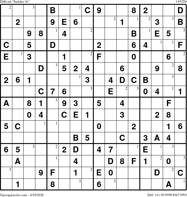 The grouppuzzles.com Difficult Sudoku-16 puzzle for Friday August 28, 2026 with the first 3 steps marked