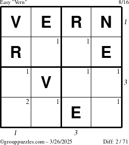 The grouppuzzles.com Easy Vern puzzle for Wednesday March 26, 2025, suitable for printing, with all 2 steps marked