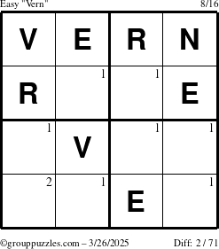 The grouppuzzles.com Easy Vern puzzle for Wednesday March 26, 2025 with the first 2 steps marked