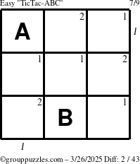 The grouppuzzles.com Easy TicTac-ABC puzzle for Wednesday March 26, 2025, suitable for printing, with all 2 steps marked