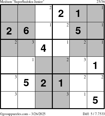 The grouppuzzles.com Medium SuperSudoku-Junior puzzle for Wednesday March 26, 2025 with the first 3 steps marked