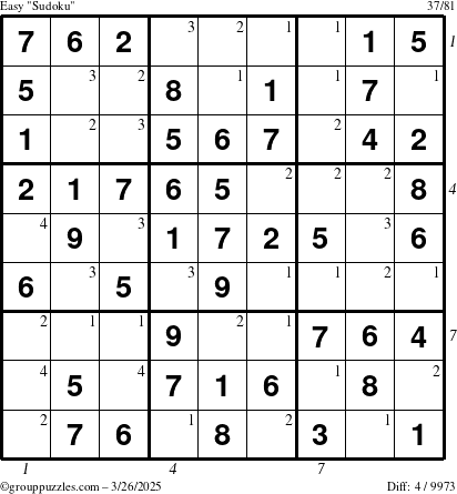 The grouppuzzles.com Easy Sudoku puzzle for Wednesday March 26, 2025 with all 4 steps marked