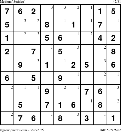 The grouppuzzles.com Medium Sudoku puzzle for Wednesday March 26, 2025 with the first 3 steps marked