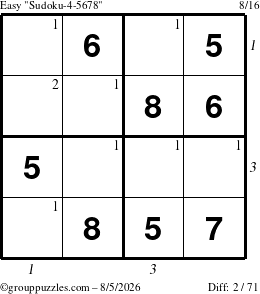 The grouppuzzles.com Easy Sudoku-4-5678 puzzle for Wednesday August 5, 2026 with all 2 steps marked