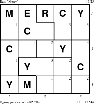 The grouppuzzles.com Easy Mercy puzzle for Wednesday August 5, 2026 with all 3 steps marked