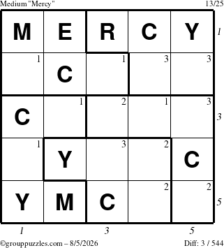 The grouppuzzles.com Medium Mercy puzzle for Wednesday August 5, 2026 with all 3 steps marked