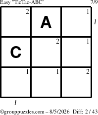 The grouppuzzles.com Easy TicTac-ABC puzzle for Wednesday August 5, 2026, suitable for printing, with all 2 steps marked