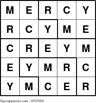 The grouppuzzles.com Answer grid for the Mercy puzzle for Wednesday August 5, 2026