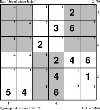 The grouppuzzles.com Easy SuperSudoku-Junior puzzle for Wednesday August 5, 2026 with all 4 steps marked