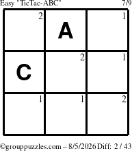 The grouppuzzles.com Easy TicTac-ABC puzzle for Wednesday August 5, 2026 with the first 2 steps marked
