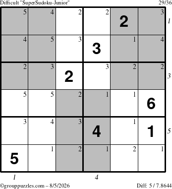 The grouppuzzles.com Difficult SuperSudoku-Junior puzzle for Wednesday August 5, 2026, suitable for printing, with all 5 steps marked