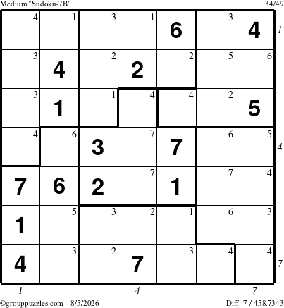 The grouppuzzles.com Medium Sudoku-7B puzzle for Wednesday August 5, 2026, suitable for printing, with all 7 steps marked