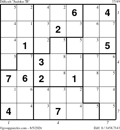 The grouppuzzles.com Difficult Sudoku-7B puzzle for Wednesday August 5, 2026 with all 8 steps marked