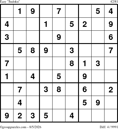 The grouppuzzles.com Easy Sudoku puzzle for Wednesday August 5, 2026