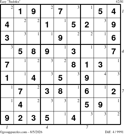 The grouppuzzles.com Easy Sudoku puzzle for Wednesday August 5, 2026 with all 4 steps marked