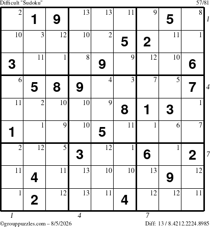 The grouppuzzles.com Difficult Sudoku puzzle for Wednesday August 5, 2026 with all 13 steps marked