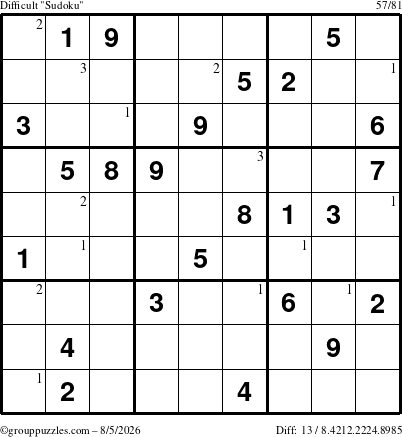 The grouppuzzles.com Difficult Sudoku puzzle for Wednesday August 5, 2026 with the first 3 steps marked