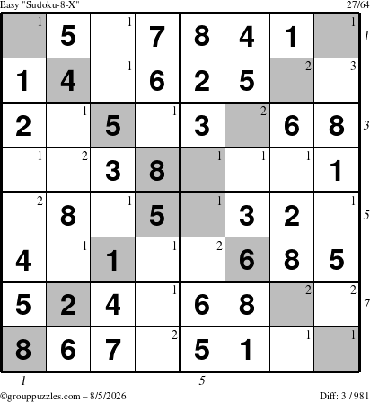 The grouppuzzles.com Easy Sudoku-8-X puzzle for Wednesday August 5, 2026, suitable for printing, with all 3 steps marked