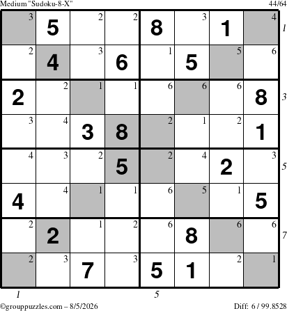 The grouppuzzles.com Medium Sudoku-8-X puzzle for Wednesday August 5, 2026, suitable for printing, with all 6 steps marked