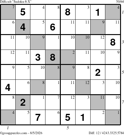 The grouppuzzles.com Difficult Sudoku-8-X puzzle for Wednesday August 5, 2026, suitable for printing, with all 12 steps marked