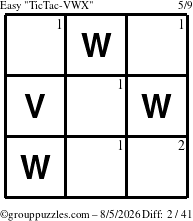 The grouppuzzles.com Easy TicTac-VWX puzzle for Wednesday August 5, 2026 with the first 2 steps marked